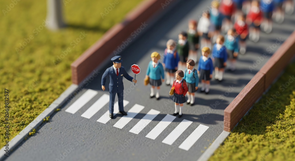 Obraz premium Miniature Crossing Guard Holding Stop Sign for School Children