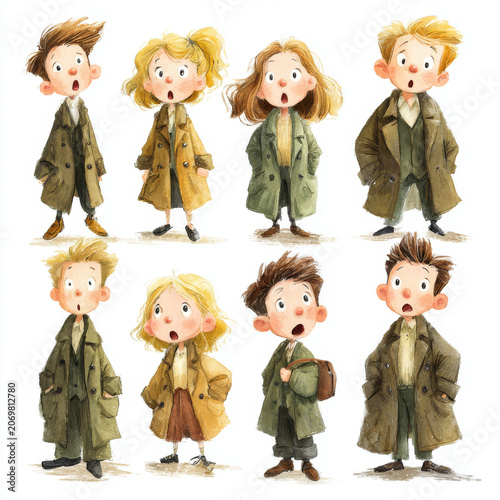 Set of surprised children characters wearing vintage coats and shoes, illustrated with expressive faces and varied hairstyles