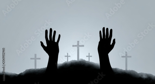 Silhouette of two hands raised up holding three crosses with da dc be