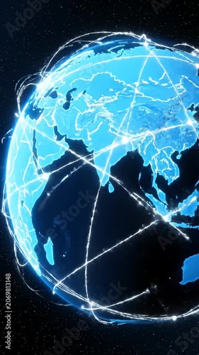 Digital blue glowing world map globe showing continents.