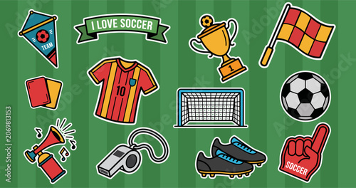 Soccer icons and symbols on a green striped background, soccer clipart