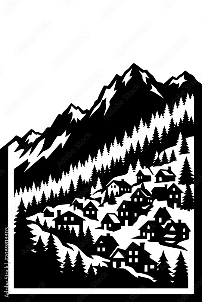 Fototapeta premium Black and white silhouette illustration of a mountain village with pine trees and peaks