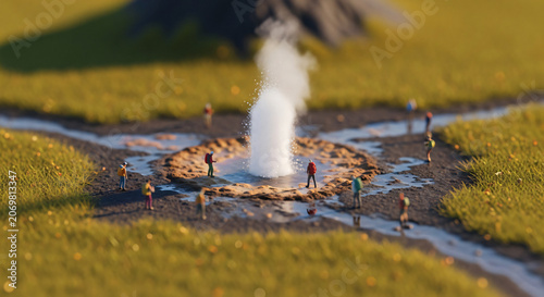 Miniature Hikers Observing a Steaming Natural Geyser Eruption