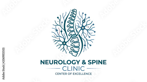 Neurology Spine Clinic Logo - Brain Neuron and Vertebrae Medical Icon