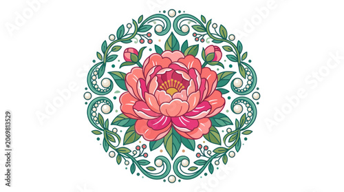Peony Flower Mandala Decorative Element, Floral Ornament, Vintage Style