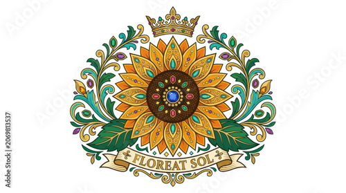 Ornate Sunflower Emblem with Crown and Jewels, Floral Crest, Vintage Design