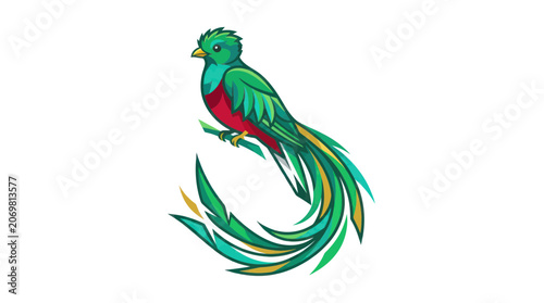 Resplendent Quetzal Bird Perched on Branch, Vibrant Green and Red Plumage, Long Tail Feathers