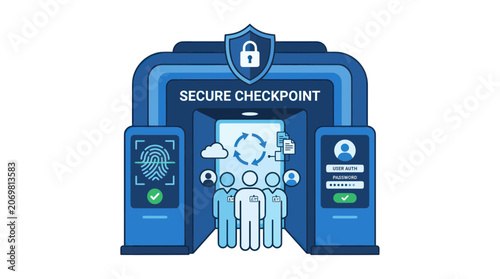 Secure Checkpoint with Biometric Access and Digital Security Icons