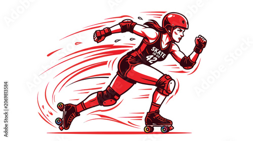 Roller Derby Athlete Woman Speeding in Action, Dynamic Illustration