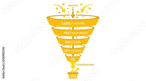 Sales Funnel Conversion Process with Traffic Flow and Earnings