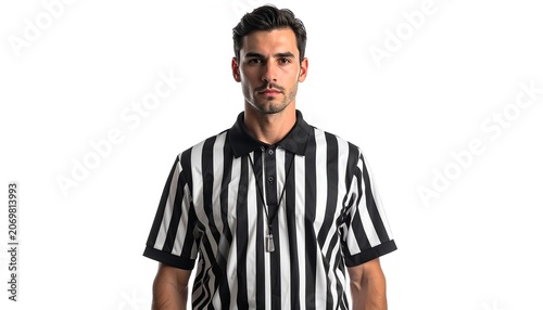A stern, focused man with dark hair and a mustache wearing a black and white striped shirt. His gaze is direct
