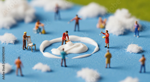 Miniature Figures Creating White Clouds on Vibrant Blue Background
