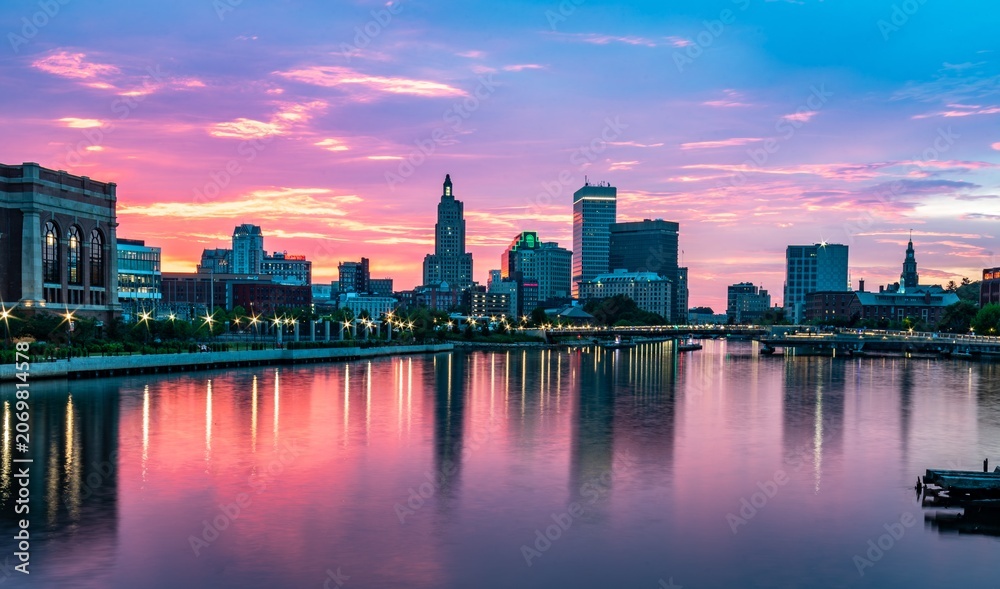 Naklejka premium Providence Skyline Reflections At Colorful Blue Hour