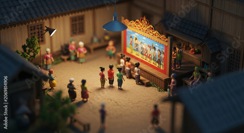 Miniature Traditional Southeast Asian Shadow Puppet Theater Scene