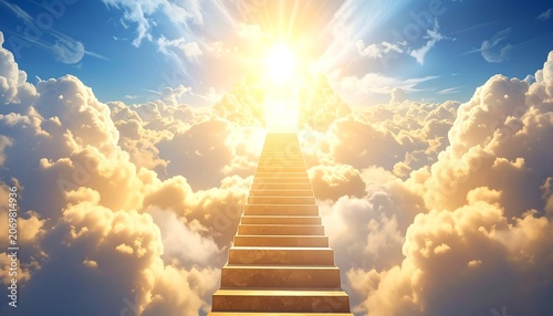 A stairway ascends through a fluffy, bright cloudscape towards a brilliant sun. The light shines and radiates, leading upward