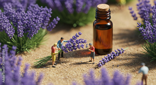 Miniature People Harvesting Lavender Near Essential Oil Bottle