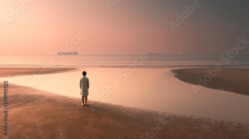 Serene Solitude on the Beach at Dusk with Calm Water Reflection