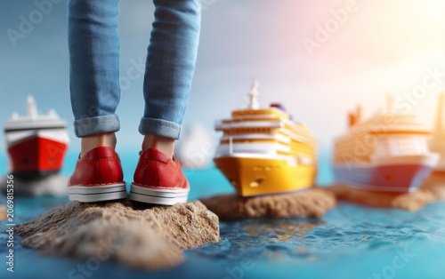 Child with Red Shoes on Rocks Overlooking Colorful Toy Ships