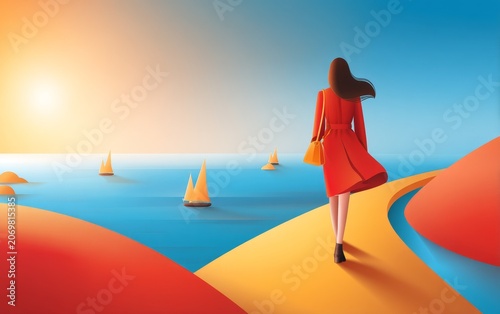 Woman in Red Coat Walking Along Coastal Path Towards Sailboats