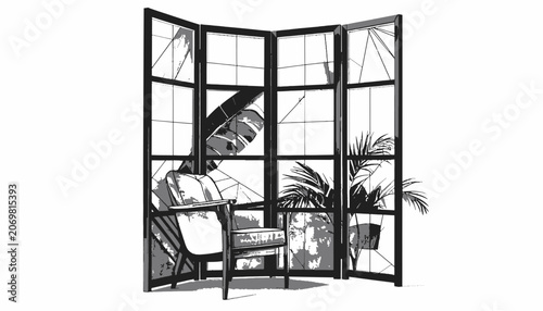 Room Divider With Chair And Plants.
