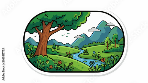 Serene landscape with tree and river.