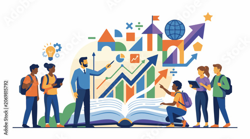 A colorful illustration of six people standing around an open book with graphs