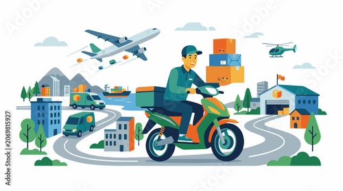 A delivery person on a scooter with packages surrounded by various transportation modes