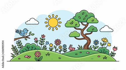 Colorful cartoon tree and flowers landscape.