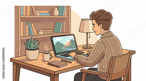Man working on laptop at desk.