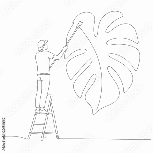 Continuous line drawing of a male artist on a stepladder painting a large Monstera leaf mural on a wall with a long-handled brush, minimalist vector style illustration.