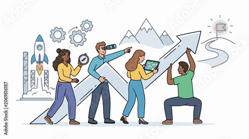 Illustration of diverse team collaborating on a business project