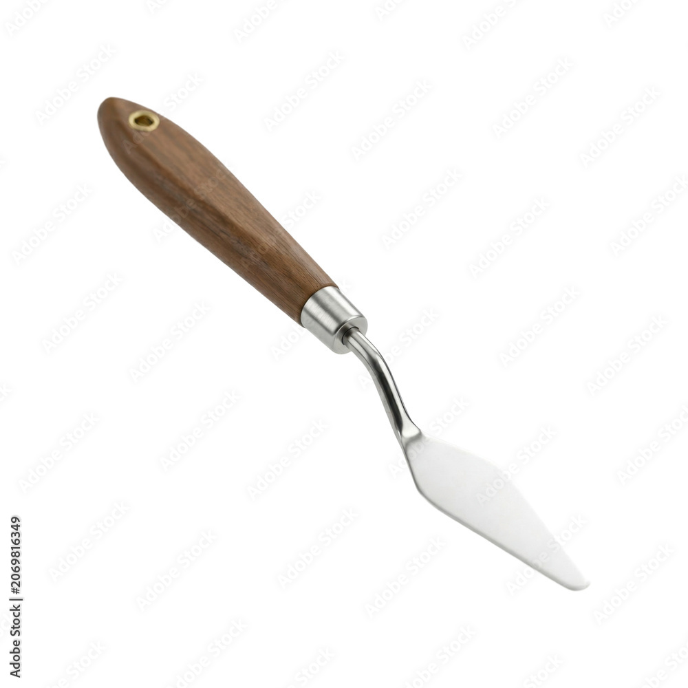 Obraz premium An artist's palette knife featuring a smooth wooden handle and a flexible, curved metal blade. This tool is isolated on a transparent background, ideal for art and craft applications.