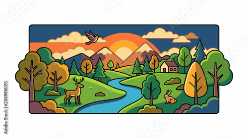 A serene landscape featuring a winding river mountains trees and animals