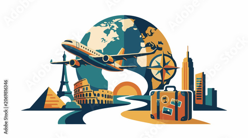 A stylized illustration of a globe with landmarks and travel icons