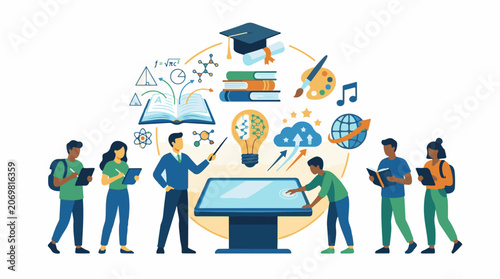 Colorful illustration of students and teacher around interactive screen with education symbols