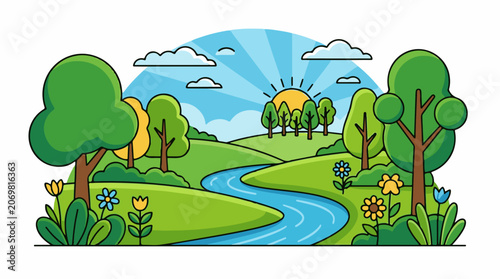 A serene landscape with a winding river lush green hills trees and colorful flowers under a sunny sky