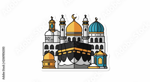 Colorful illustration of a mosque with domes and minarets