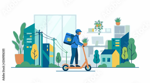 A delivery person rides an electric scooter through a city (1)