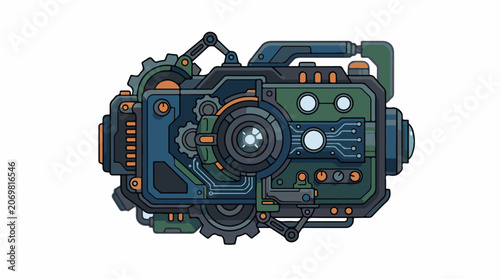 A futuristic camera with a green and blue circuit board design