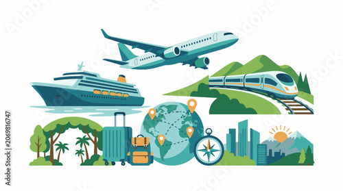 A colorful illustration depicting various travel-related icons