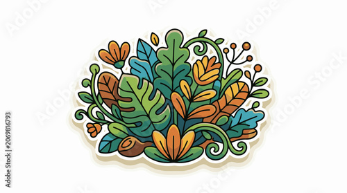 A colorful illustration of various leaves and flowers in shades of green blue orange