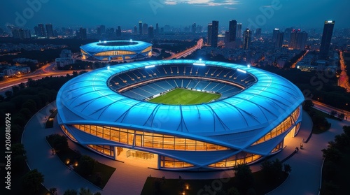 Modern stadium, illuminated sports arena, blue exterior, nighttime cityscape, football field