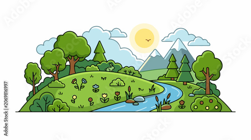 Serene landscape with green hills trees.