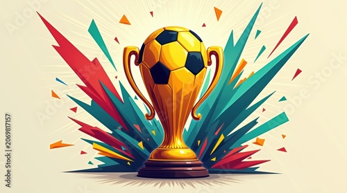 Championship soccer trophy, golden award cup, football victory prize, sports illustration