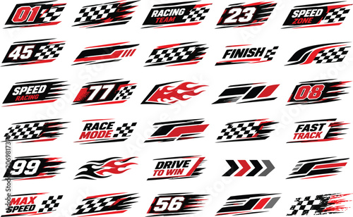 Collection of thirty racing decals and speed with checkered flags, flames, and numbers for vehicle