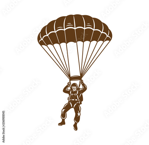 Illustration of a paratrooper descending with a parachute paratrooper parachute military airborne skydiver tactical training exercise silhouette illustration equipment operation