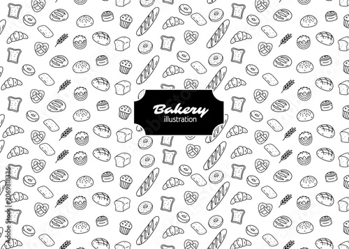 Seamless bakery. Black line art. Illustration pattern with white background. Food packaging, menu illustration. Hand drawn print ads, food business, bakery shop