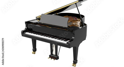 Elegant black grand piano with open lid isolated on white background