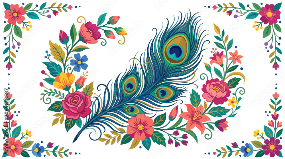 Fototapeta premium Ornate peacock feather surrounded by blooming flowers and leaves
