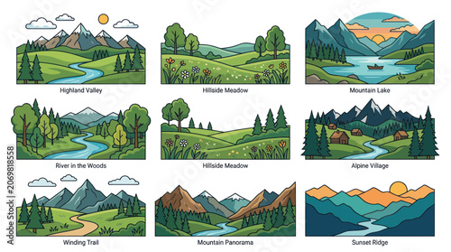 Mountain and forest landscape illustrations in a flat linear style